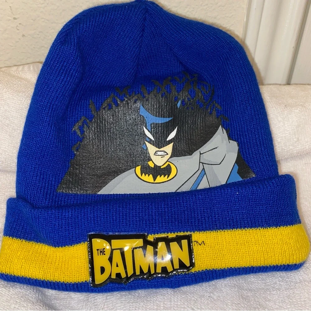 Batman beanie and mittens set by DC comics for kids in blue and yellow